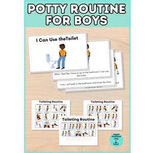 May include: A set of educational cards titled Potty Routine for Boys featuring illustrations of a person in an orange shirt and blue trousers using the toilet. The cards include text instructions for bathroom steps and a grid-style toileting routine.