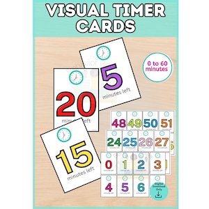 Könnte beinhalten: Ein Set aus visuellen Timer-Karten mit großen, farbigen Zahlen und kleinen Uhrensymbolen. Jede Karte zeigt eine spezifische Zahl, gefolgt von dem Text minutes left. Ein kreisförmiges Abzeichen zeigt 0 to 60 minutes an. Weiße Karten mit schwarzem Text.