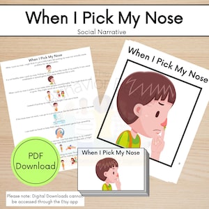 Op de afbeelding: Een sociaal verhaal voor kinderen over neuspeuteren. De printbare PDF bevat illustraties van een kind dat aan zijn neus peuterd en tekst die uitlegt waarom het niet gezond of sociaal acceptabel is om aan je neus te peuteren. De tekst suggereert ook alternatieve manieren om met een loopneus om te gaan.