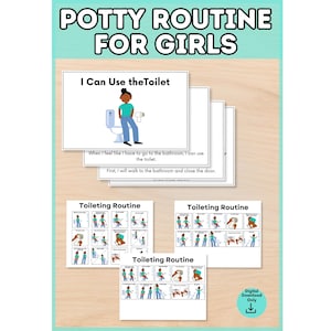 May include: A set of educational cards titled Potty Routine for Girls, featuring illustrations of a person using the toilet, washing hands, and following steps. The cards include text instructions and visual sequences for bathroom routines.