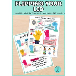 Könnte beinhalten: Zwei Lehrposter mit den Titeln Flipping Your Lid, Hand Model of the Brain und Understanding BIG emotions. Die Diagramme zeigen farbenfrohe Illustrationen von Händen und Gehirnen mit Text, der die Konzepte des Denk- und Fühlhirns erklärt.