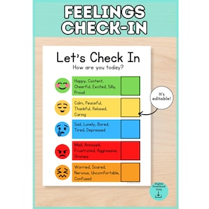 以下が含まれることがあります： Let's Check InおよびHow are you today?というタイトルの感情チェックインチャート。5つの行には、Happy、Calm、Sad、Mad、Worriedなどの感情リストの横に、表情が描かれた色付きの円が表示されています。吹き出しにはIt's editableと記載されています。