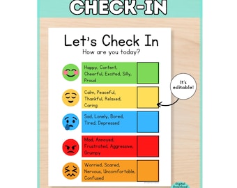 Printable Emotions Check-In Chart: Kids Feelings, Editable (PDF)