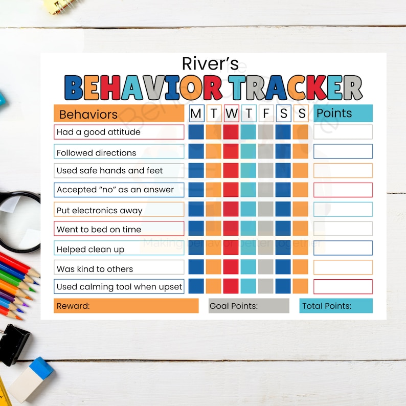 May include: A white paper behavior tracker chart titled River's BEHAVIOR TRACKER with colorful text. It features a list of behaviors, a weekly grid with columns for M, T, W, T, F, S, S, and empty boxes for points, reward, goal points, and total points.