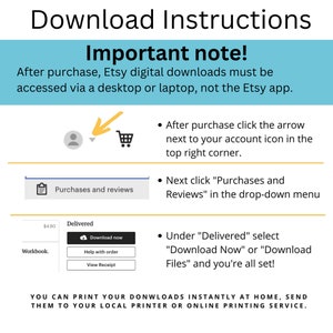 May include: An instructional graphic titled Download Instructions and Important note. It explains that Etsy digital downloads must be accessed via a desktop or laptop. It includes icons for an account, a shopping cart, and a Purchases and reviews button.