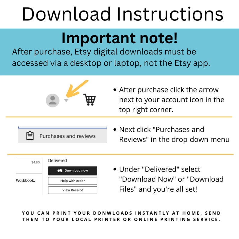 May include: An instructional graphic titled Download Instructions and Important note. It explains that Etsy digital downloads must be accessed via a desktop or laptop. It includes icons for an account, a shopping cart, and a Purchases and reviews button.