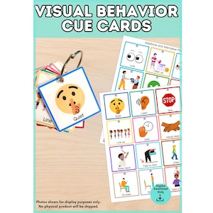 May include: Visual behavior cue cards featuring a ring-bound deck and printed sheets with colorful illustrations and text labels like Quiet, Listen, Stop, Line up, Wait, Hands down, Raise hand, Feet on floor, Walk, Sit down, and Take a break.