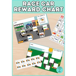 May include: A race car reward chart set featuring two printable sheets with a track design, a start and finish line, and a section labeled I Am Working For. Includes a sheet of small car stickers and a grid of various reward icons with text labels.