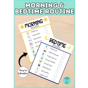 May include: Two printable routine charts titled Morning Routine and Bedtime Routine. Each chart features a list of tasks with corresponding icons and empty checkboxes. The Morning chart has a yellow border, the Bedtime chart has a blue border.