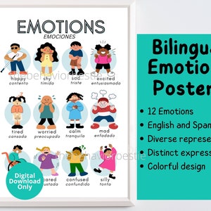 Bilingual SPANISH-ENGLISH Emotions Poster | Digital Feelings Chart | Diverse Feelings Poster | Emotions Chart | Calm Corner Tool