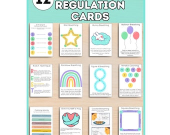 Op de afbeelding: Een set van 12 emotionele regulatiekaarten met verschillende technieken, waaronder Star Breathing, Bunny Breathing en Rainbow Breathing. De kaarten bevatten kleurrijke illustraties en instructies voor elke methode, ontworpen voor kalmering en mindfulness.
