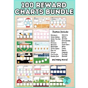 May include: A digital bundle of 100 reward charts featuring various themes like dinosaurs, unicorns, and sports. Each chart includes a name field, a goal section, and blank boxes for tracking progress. A list of themes and a digital download icon are visible.