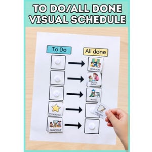May include: A visual schedule labelled "TO DO/ALL DONE VISUAL SCHEDULE" with "To Do" and "All Done" sections. Features activity cards for group work, speech therapy, recess, special activity, and clean up. A hand holds a "Language Arts" card.