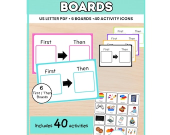 Puede incluir: Un póster educativo turquesa y blanco con el texto "FIRST/THEN BOARDS". Incluye 6 tableros y 40 iconos de actividades. Los tableros tienen secciones "First" y "Then". También se incluyen iconos de recompensa.