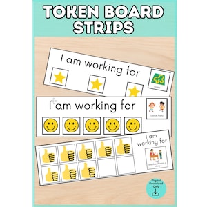 以下が含まれることがあります： 「I am working for」というテキストと様々な報酬アイコンが描かれた3枚の白い長方形のトークンボードストリップ。一番上のストリップには3つの黄色い星、真ん中には5つの黄色いスマイリーフェイス、一番下には8つの黄色いサムズアップアイコンがあります。