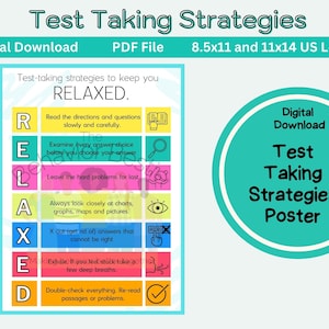 May include: A digital download poster titled "Test Taking Strategies" with a teal and white circular design. The poster includes test-taking tips to stay relaxed, with each letter of the word "RELAXED" representing a strategy.