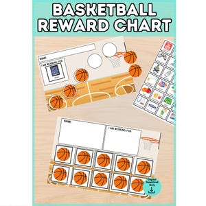 May include: A basketball reward chart set featuring two printable sheets with basketball court graphics, hoops, and spaces for names and goals. One sheet includes a grid of ten basketballs, while the other has circular spots and a reward icon section.