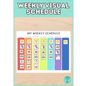 Puede incluir: Un horario visual semanal titulado MY WEEKLY SCHEDULE con siete columnas verticales codificadas por colores de lunes a domingo. Cada columna contiene iconos cuadrados que representan tareas diarias como despertar y desayunar.
