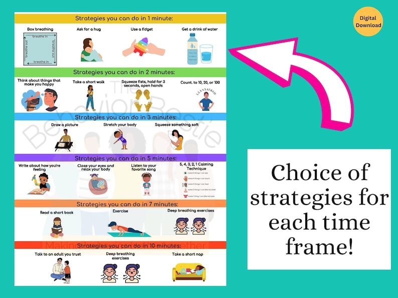 May include: A colorful educational chart titled Strategies you can do in 1, 2, 3, 5, 7, and 10 minutes. It features illustrated icons and text for calming activities like box breathing, drawing, reading, and exercise. A large white arrow points to the text Choice of strategies for each time frame!