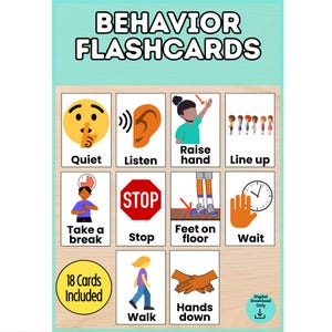 Puede incluir: Un conjunto de tarjetas didácticas de comportamiento con ilustraciones y etiquetas de texto que incluyen Quiet, Listen, Raise hand, Line up, Take a break, Stop, Feet on floor, Wait, Walk y Hands down sobre un fondo de madera clara.