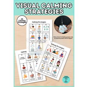 May include: A set of printable cards titled Visual Calming Strategies featuring 26 illustrated techniques. Each card displays a specific action like stretching, counting, or breathing, accompanied by descriptive text and colourful cartoon graphics.