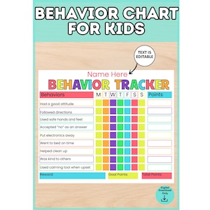 May include: A behavior chart for kids with the title BEHAVIOR TRACKER in colorful letters. It includes a list of behaviors like Had a good attitude and Followed directions, a weekly grid with columns for M T W T F S S, and spaces for points.
