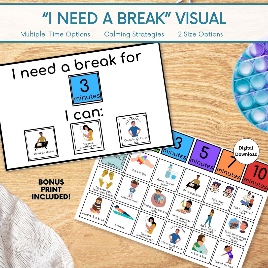 I Need a Break Visual for Calm Down Area, Break Card for Emotional Regulation, Self Regulation