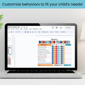 May include: A digital behavior tracker template displayed on a laptop screen. The document is titled River's BEHAVIOR TRACKER and features a grid with columns for days of the week, rows for specific behaviors, and a section for points and rewards.