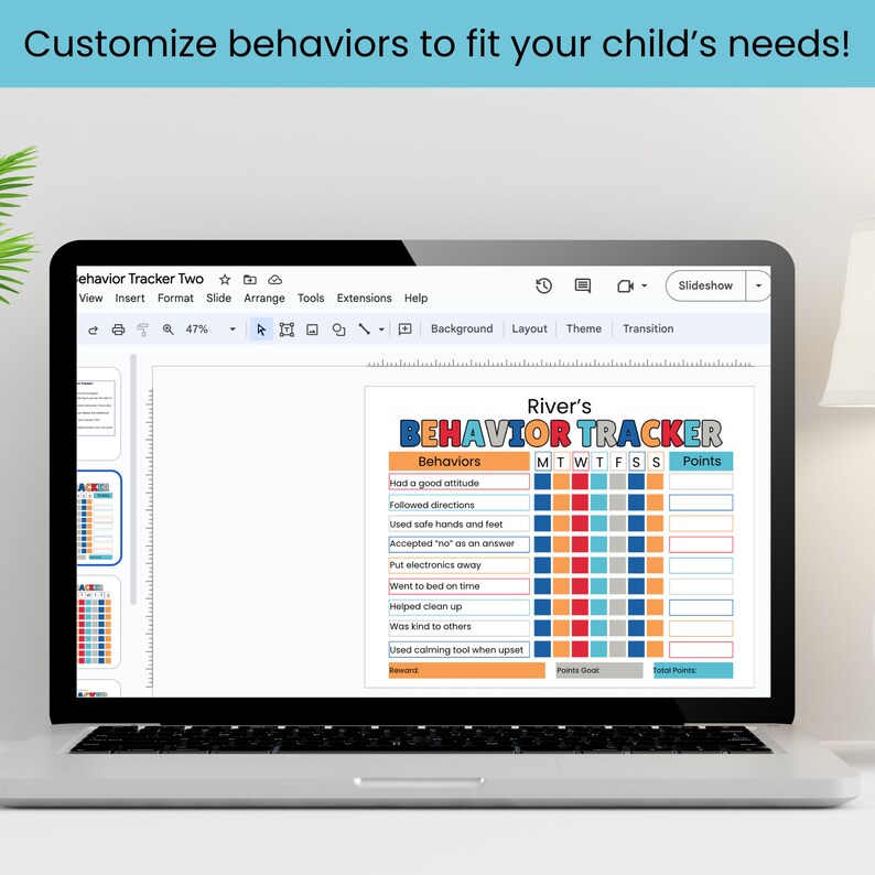 May include: A digital behavior tracker template displayed on a laptop screen. The document is titled River's BEHAVIOR TRACKER and features a grid with columns for days of the week, rows for specific behaviors, and a section for points and rewards.