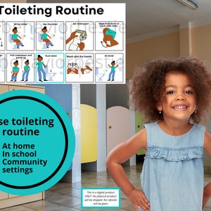 May include: A colorful poster with illustrations of a child using the toilet. The poster includes a checklist of steps for using the toilet, including pulling down pants, sitting on the toilet, using toilet paper, flushing the toilet, and washing hands. The poster also includes the text "Toileting Routine" and "Use toileting routine" with bullet points for "At home", "In school", and "Community settings". A young girl is standing in a bathroom with a tiled floor and a bathtub in the background.