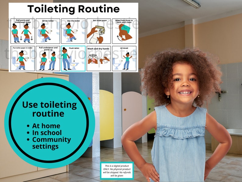 May include: A colorful poster with illustrations of a child using the toilet. The poster includes a checklist of steps for using the toilet, including pulling down pants, sitting on the toilet, using toilet paper, flushing the toilet, and washing hands. The poster also includes the text "Toileting Routine" and "Use toileting routine" with bullet points for "At home", "In school", and "Community settings". A young girl is standing in a bathroom with a tiled floor and a bathtub in the background.
