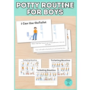 May include: A set of educational cards titled Potty Routine for Boys featuring illustrations of a person using the toilet and washing hands. The cards include text instructions for bathroom steps and a circular Digital Download Only badge.