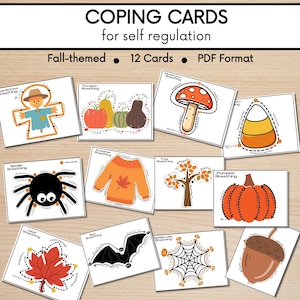 Tarjetas de afrontamiento y calma para niños, ejercicios de respiración con trazado de dedos con temática de otoño, tarjetas de respiración consciente para niños