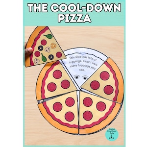 Może przedstawiać: Papierowa układanka w kształcie pizzy z napisem THE COOL-DOWN PIZZA. Zawiera okrągłą podstawę pizzy podzieloną na kawałki z czerwonymi kółkami pepperoni oraz jeden oddzielony kawałek z różnymi dodatkami i napisem This slice has lots of toppings. Count how many toppings you see. Pod tekstem znajduje się mała ikona oczu.