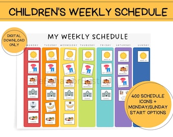 Op de afbeelding: Een kleurrijk, afdrukbaar wekelijks schema voor kinderen met pictogrammen voor activiteiten zoals wakker worden, aankleden, ontbijt, school, vrije tijd, vechtsporten en diner. Het schema bevat 400 pictogrammen en opties om te beginnen op maandag of zondag.