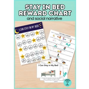 May include: A Stay in Bed Reward Chart and social narrative set featuring a dark blue chart with yellow stars and numbered circles from 1 to 21 nights, alongside a white informational sheet and cards with illustrations of children in bed.