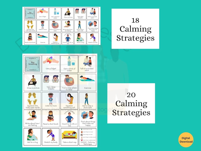 May include: A set of printable cards featuring 18 and 20 calming strategies with illustrations and text labels. Each card displays a specific activity like box breathing, using a fidget, or taking a nap. The layout includes clear grids of icons.