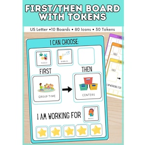 Könnte beinhalten: Ein farbenfrohes Lernboard mit dem Text "FIRST/THEN BOARD WITH TOKENS". Das Board enthält Symbole für Aktivitäten wie Puzzles, Blasen, Gruppenzeit, Zentren und Musik. Es zeigt auch Sterne-Token und die Sätze "I CAN CHOOSE" und "I AM WORKING FOR".