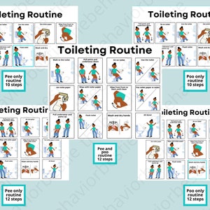 May include: Four colorful charts with illustrations of a person using the toilet. Each chart shows the steps involved in using the toilet for both peeing and pooping. The charts are titled "Toileting Routine" and include the number of steps for each routine.