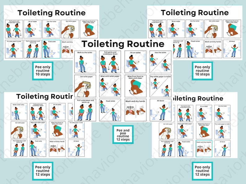 May include: Four colorful charts with illustrations of a person using the toilet. Each chart shows the steps involved in using the toilet for both peeing and pooping. The charts are titled "Toileting Routine" and include the number of steps for each routine.