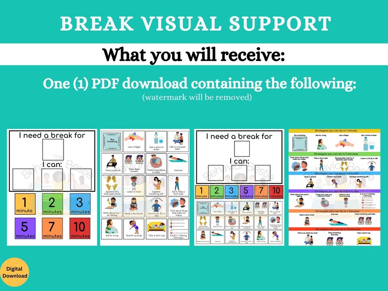 May include: A digital download of a visual support guide titled BREAK VISUAL SUPPORT. It includes two printable charts with the text I need a break for and I can, featuring colorful icons for calming activities and time intervals from 1 to 10 minutes.