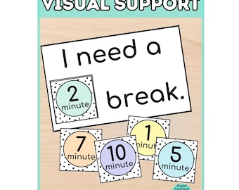 Może przedstawiać: Karta wsparcia wizualnego z napisem I NEED A BREAK VISUAL SUPPORT u góry. Poniżej znajduje się większa karta z napisem I need a break. Cztery mniejsze kwadratowe karty przedstawiają liczby 1, 2, 5, 7 i 10 ze słowem minute w pastelowych kółkach.