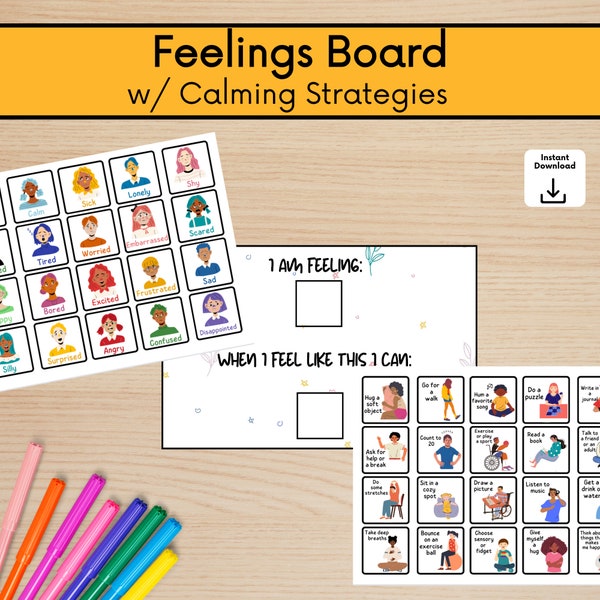 Printable Emotions Chart and Calming Strategies Board for Children - Expressive Feelings Identification & Coping Skills Tool - PDF Download