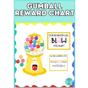 May include: A Gumball Reward Chart featuring a yellow gumball machine with colorful gumballs, text reading GUMBALL REWARD CHART, OUR BEHAVIOR WILL BLOW YOU AWAY, WE ARE WORKING ON, OUR GOAL IS GUMBALLS, and IF WE MEET OUR GOAL OUR REWARD IS.
