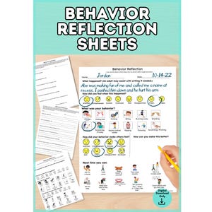 May include: Behavior reflection sheets featuring a printed form with sections for name, date, and written descriptions of events. The form includes yellow emoji faces for emotions, illustrated behavior icons, and a section for future actions.