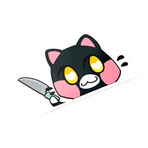 May include: A black cat with pink cheeks and yellow heart-shaped eyes peeks over a white surface, holding a silver knife in its paw.
