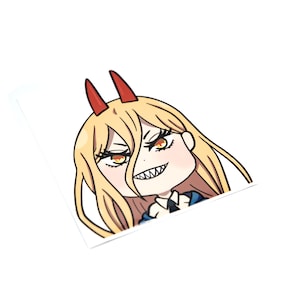 May include: A cartoon illustration of a girl with blonde hair and red horns. She is wearing a blue and white uniform and has a mischievous expression on her face.