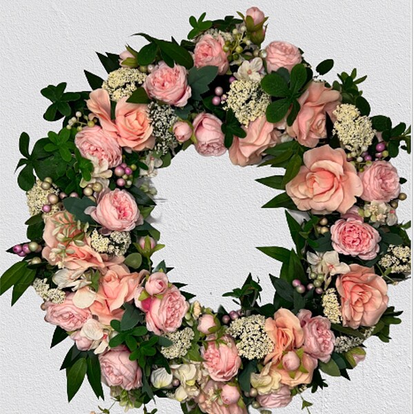 Rose Wreath Front Door Decor Soft Pink Rose Berry Wreath Spring Decor Wedding Wreath Mothers Day Gift Idea Her Birthday