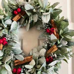 Egolot 22" Artificial Christmas Wreath With Lambs Ear, Red Berries & Pine Cones - Winter Door Decor