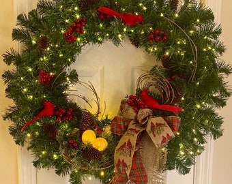 Christmas Wreath for Front Door Lighted Wreath Holiday Cardinal Evergreen Rustic Country Farmhouse Decor